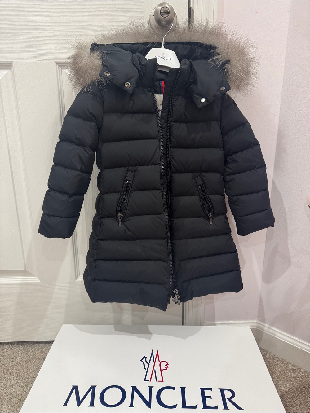 Moncler Black Quilted Down Coat with Fur-Trim Hood Girls